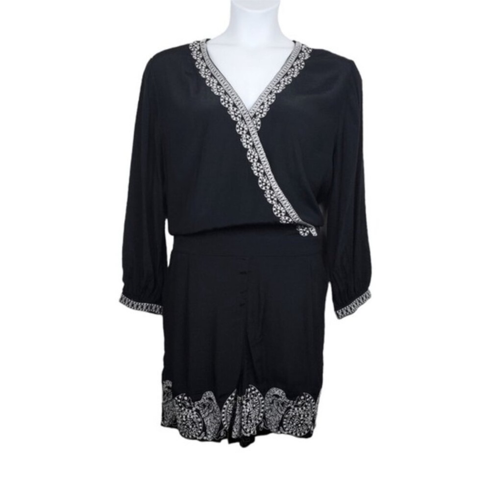 Loft Womens Long Sleeve Black White Embroidered V-Neck Romper Size XL NWT